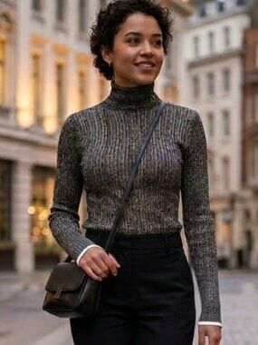 rag & bone Metallic Sparkle Ribbed Mock Neck Sweater Top Black Silver M